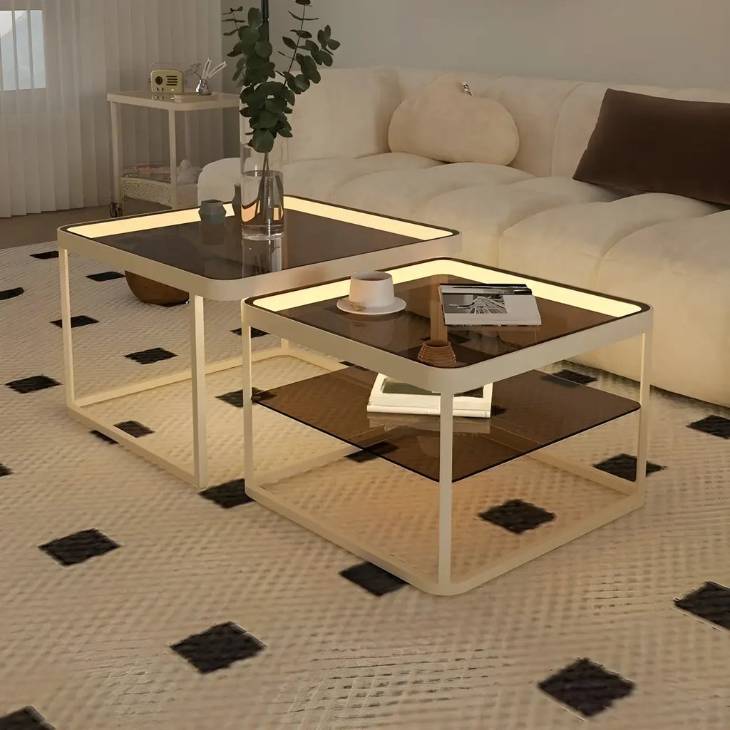 Table basse gigogne moderne en verre noir avec rangement