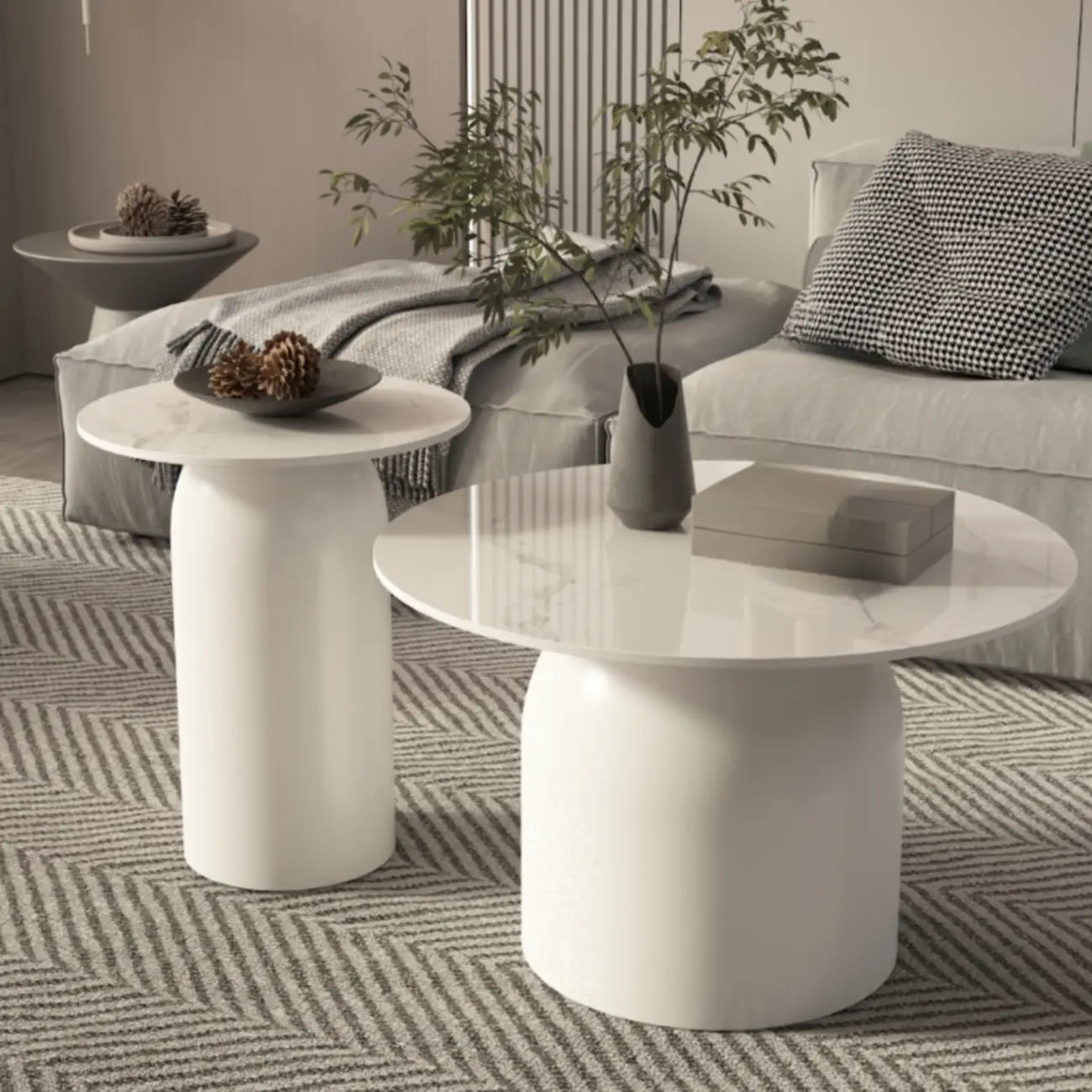 Table basse ronde minimaliste blanche avec plateau en pierre