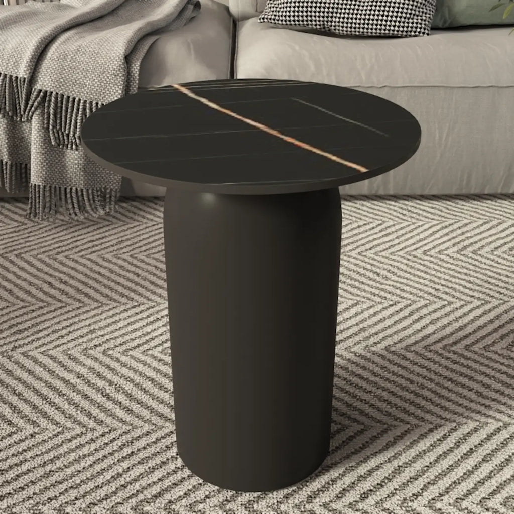 Table basse ronde minimaliste blanche avec plateau en pierre
