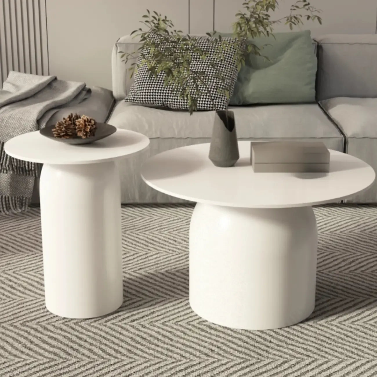 Table basse ronde minimaliste blanche avec plateau en pierre