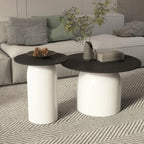 Table basse ronde minimaliste blanche avec plateau en pierre