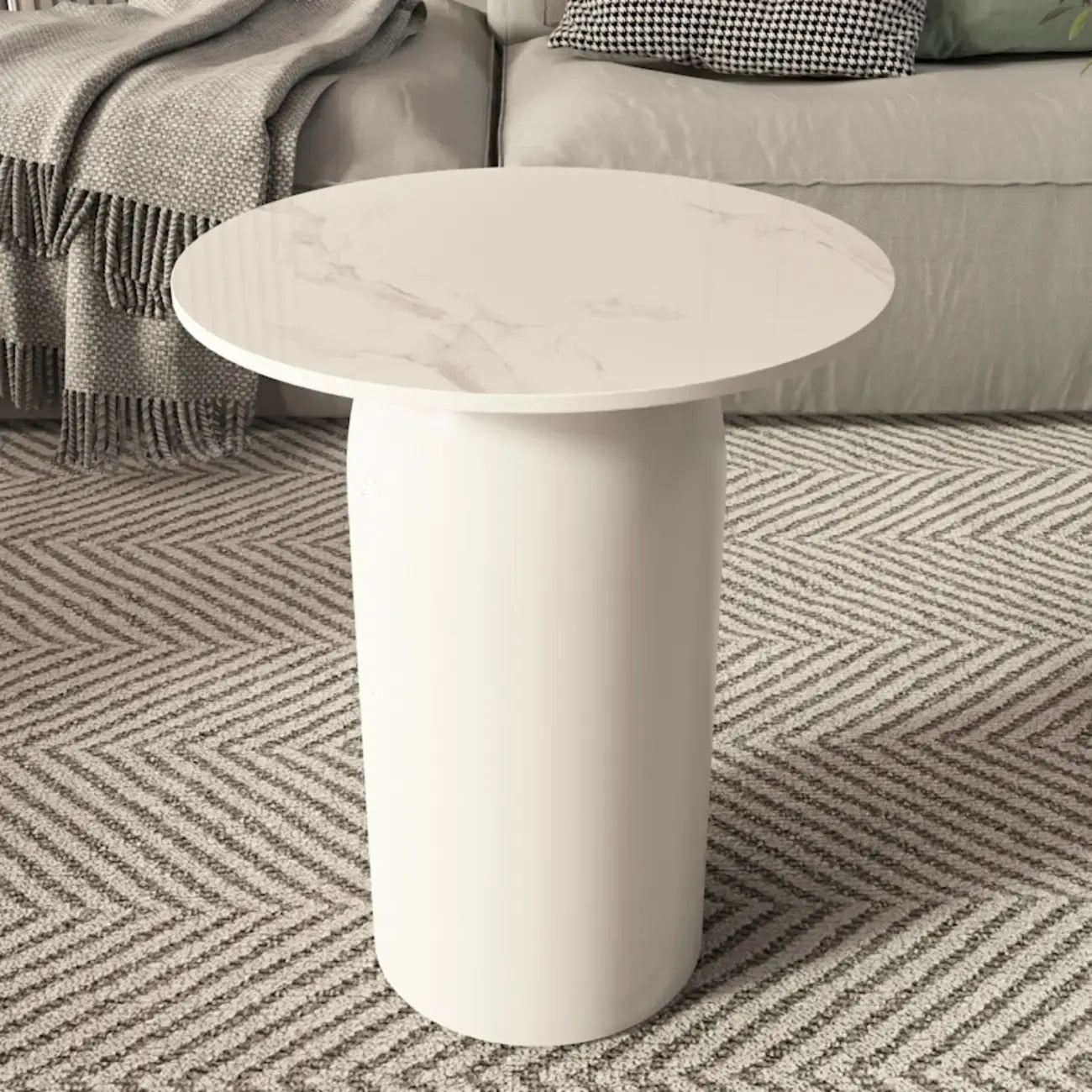 Table basse ronde minimaliste blanche avec plateau en pierre