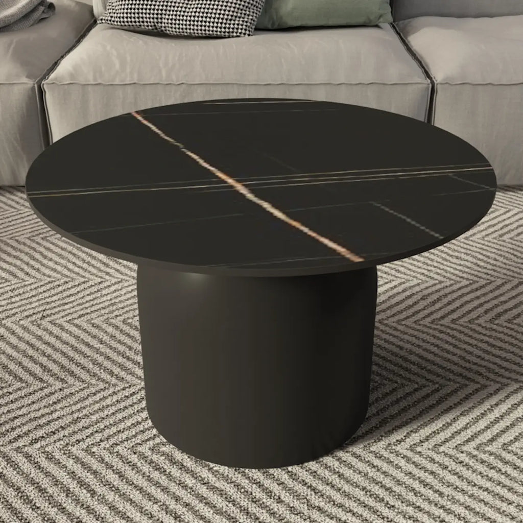 Table basse ronde minimaliste blanche avec plateau en pierre