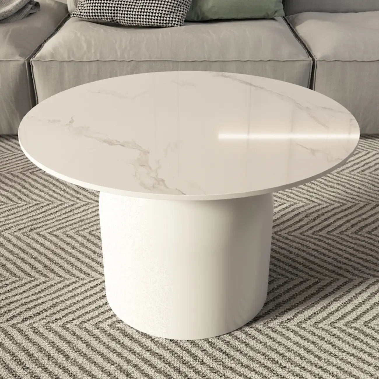 Table basse ronde minimaliste blanche avec plateau en pierre