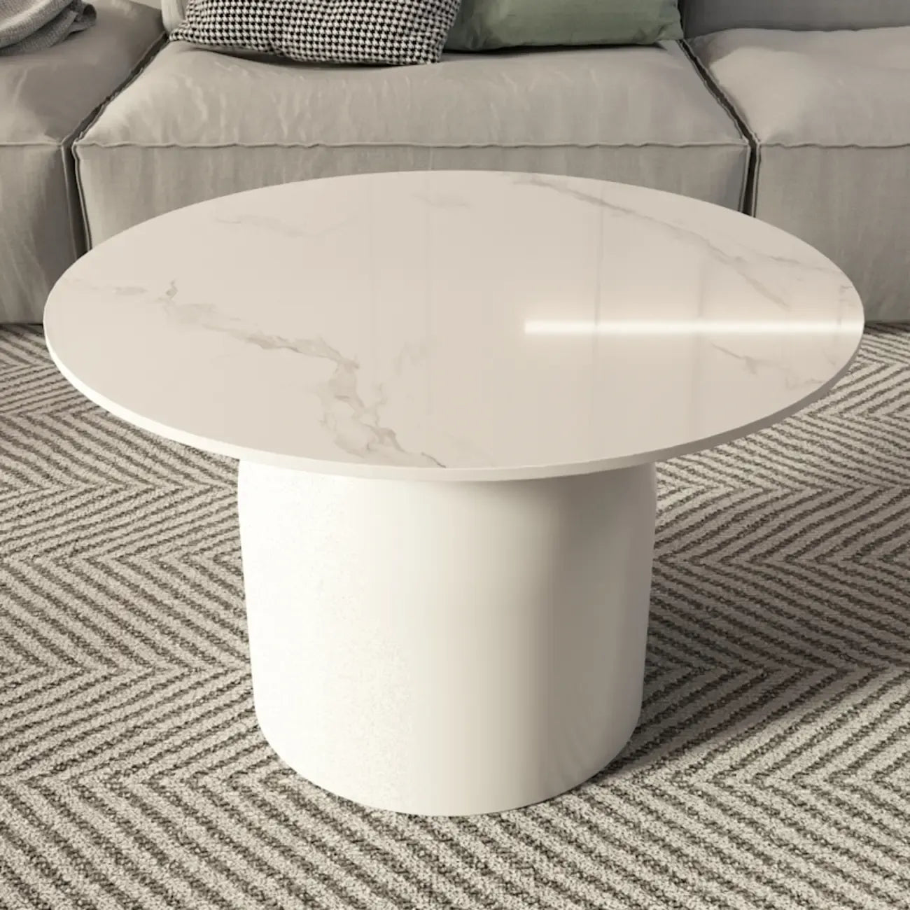 Table basse ronde minimaliste blanche avec plateau en pierre