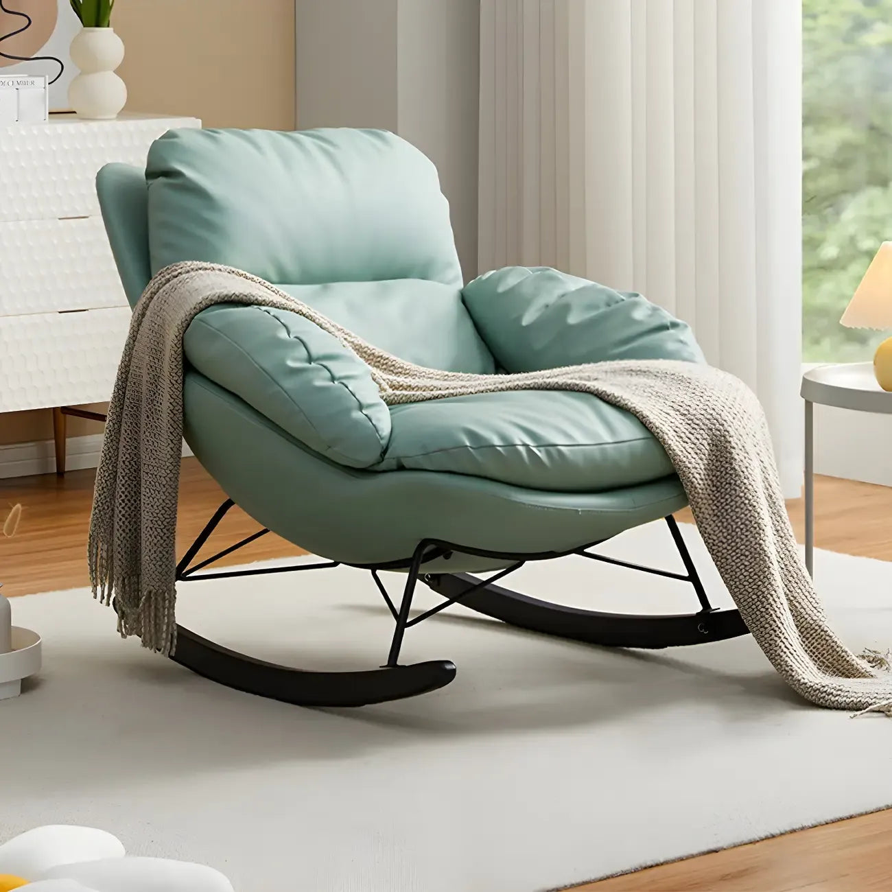Fauteuil à bascule moderne en cuir bleu pour intérieur