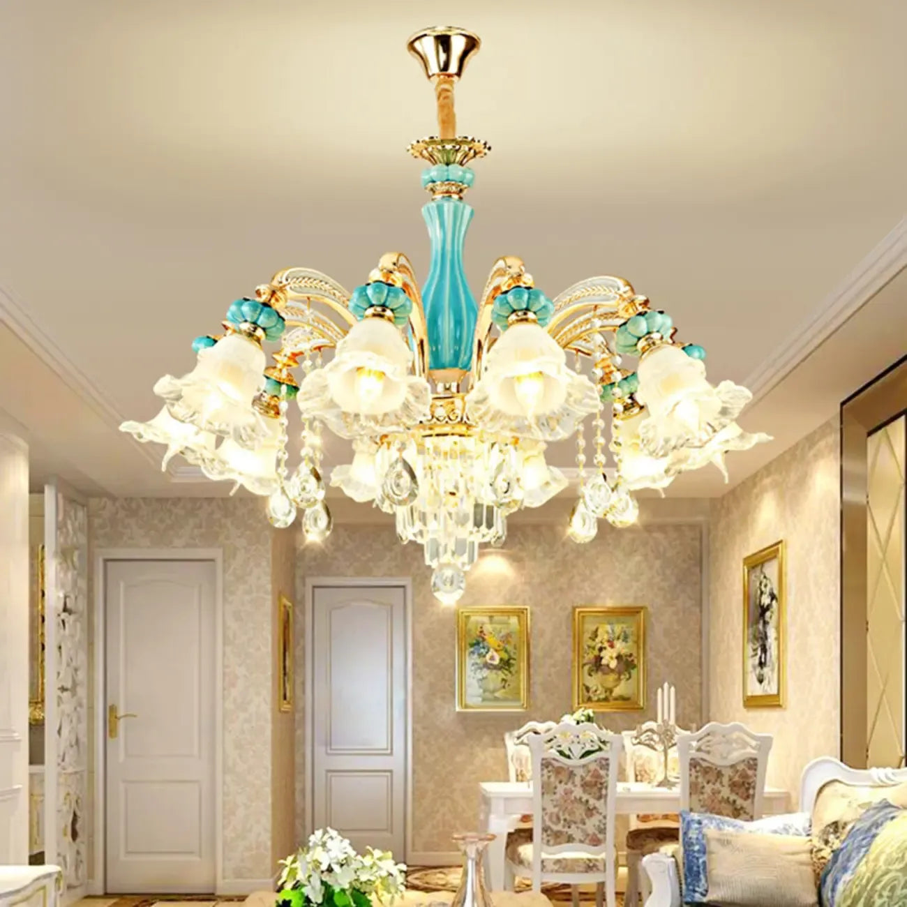 Lustre en cristal avec éclairage encastré pour salon et forme de fleur en verre