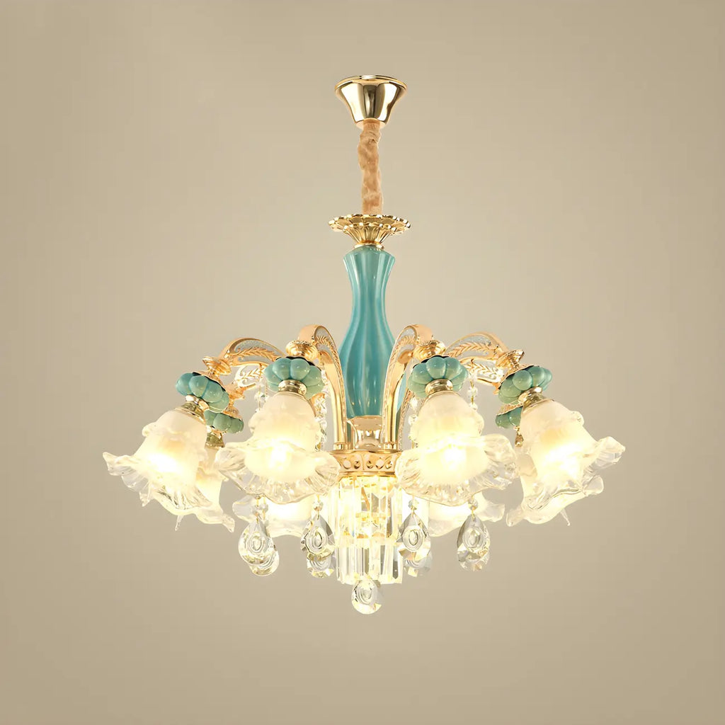 Lustre en cristal avec éclairage encastré pour salon et forme de fleur en verre