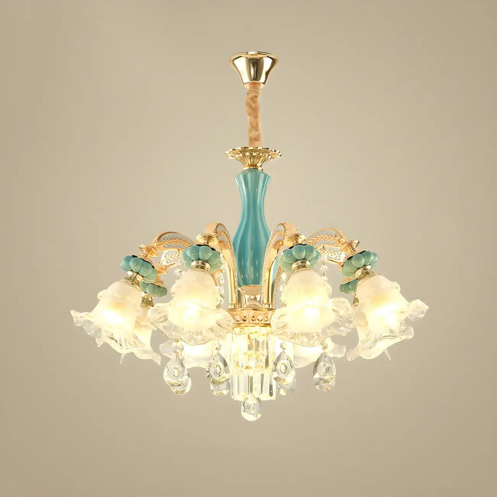Lustre en cristal avec éclairage encastré pour salon et forme de fleur en verre