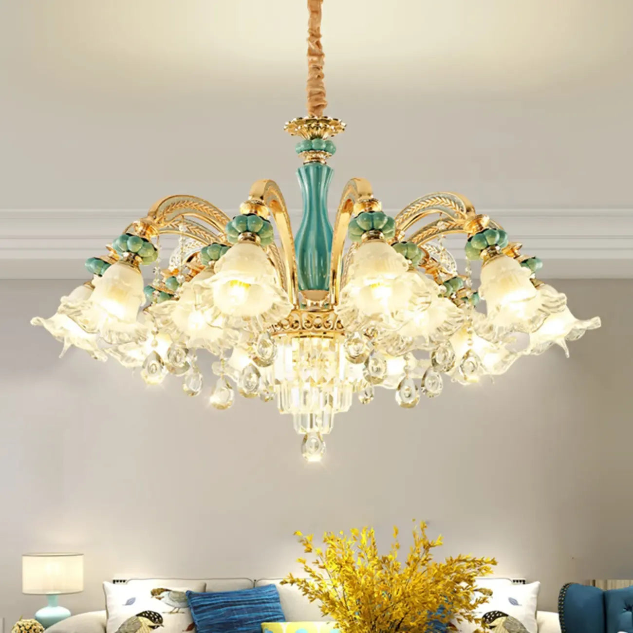 Lustre en cristal avec éclairage encastré pour salon et forme de fleur en verre