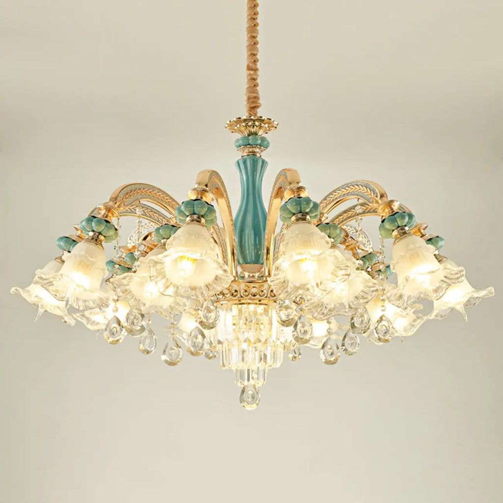 Lustre en cristal avec éclairage encastré pour salon et forme de fleur en verre