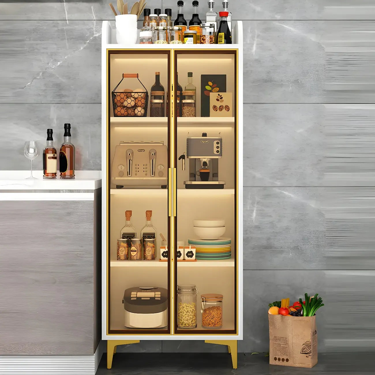 Buffet glamour en bois blanc/gris avec portes vitrées