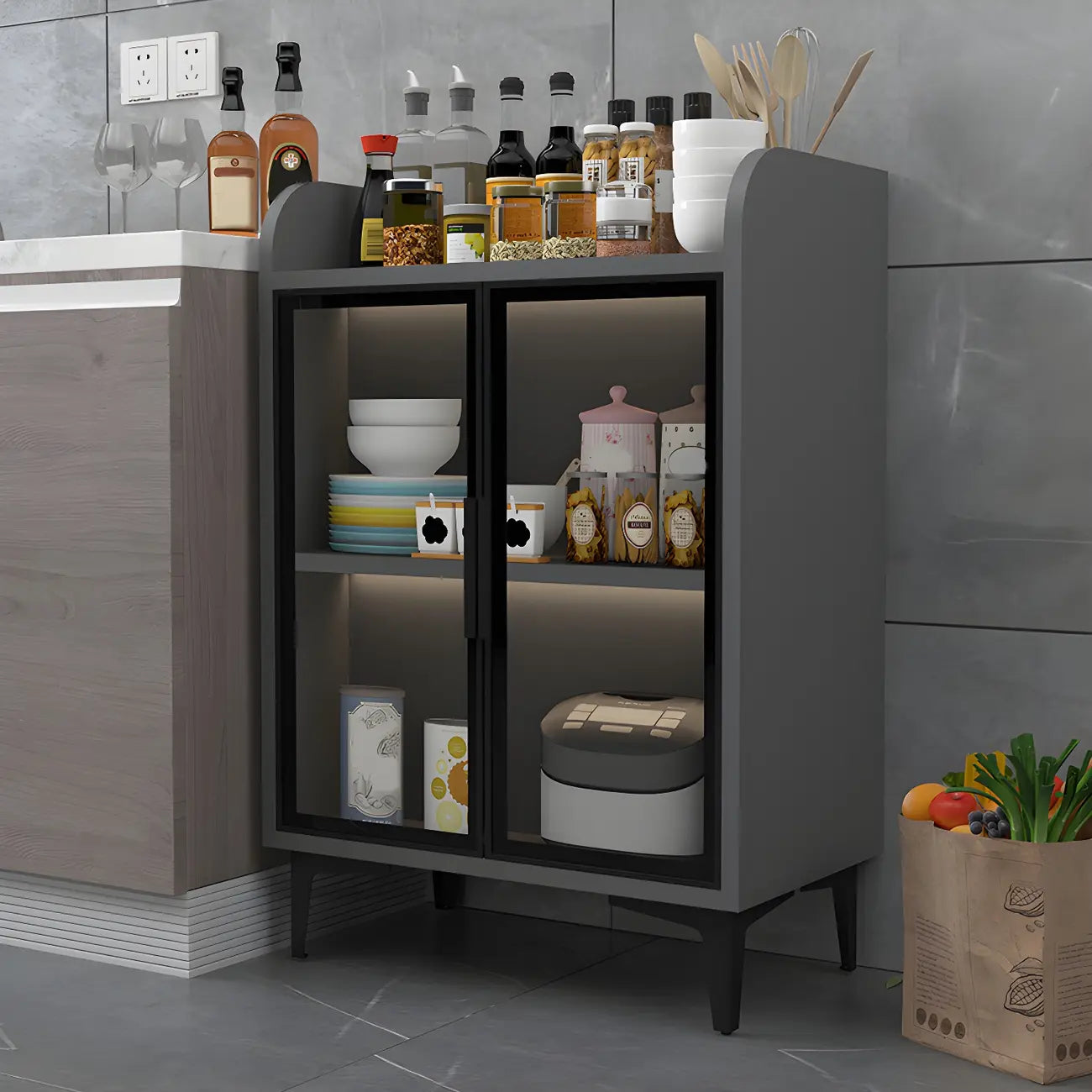Buffet glamour en bois blanc/gris avec portes vitrées