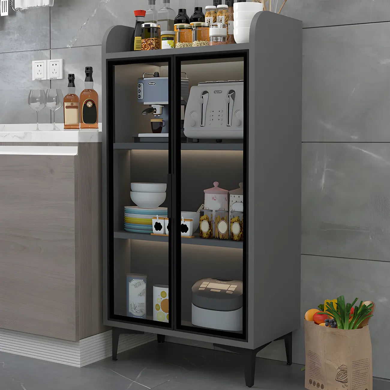 Buffet glamour en bois blanc/gris avec portes vitrées
