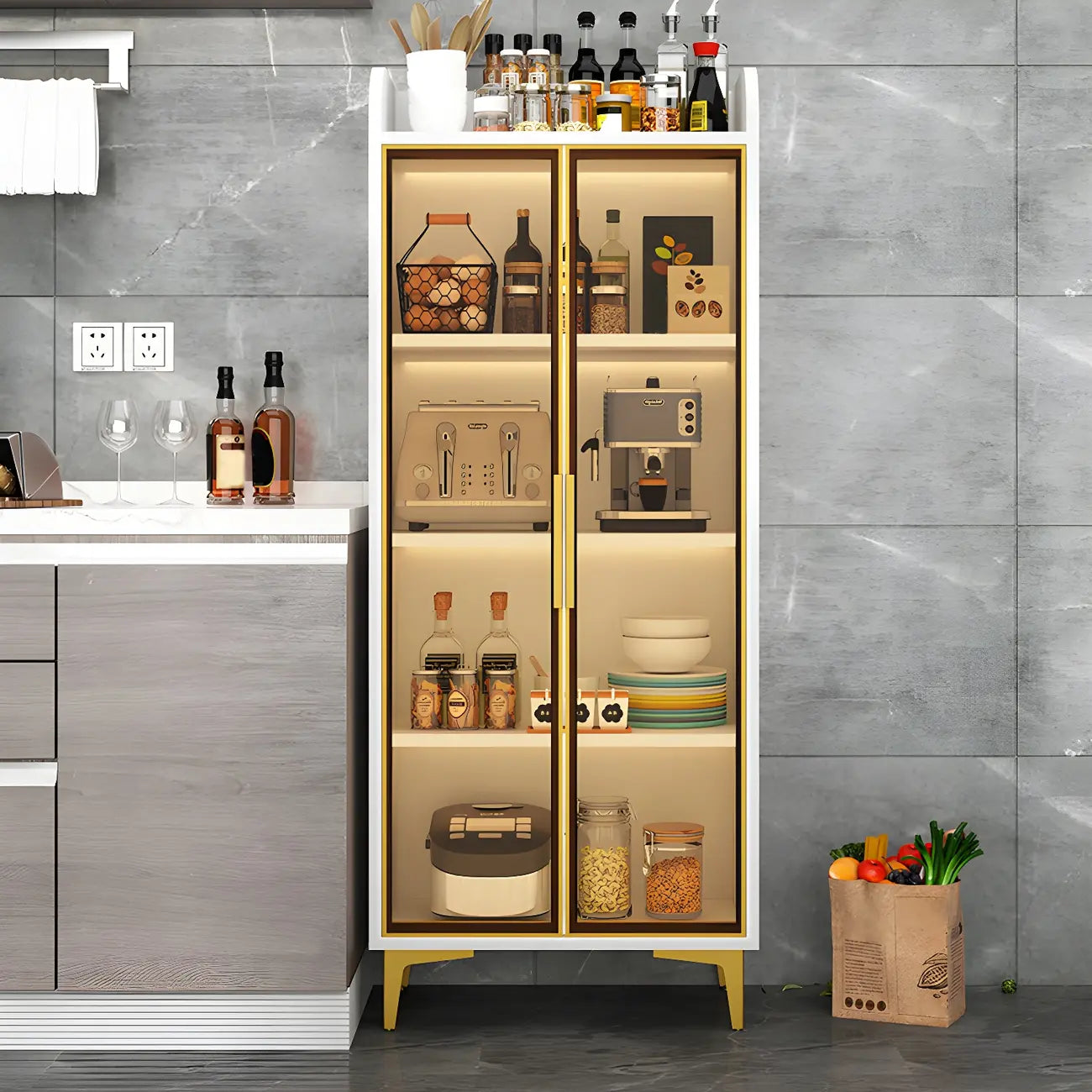 Buffet glamour en bois blanc/gris avec portes vitrées