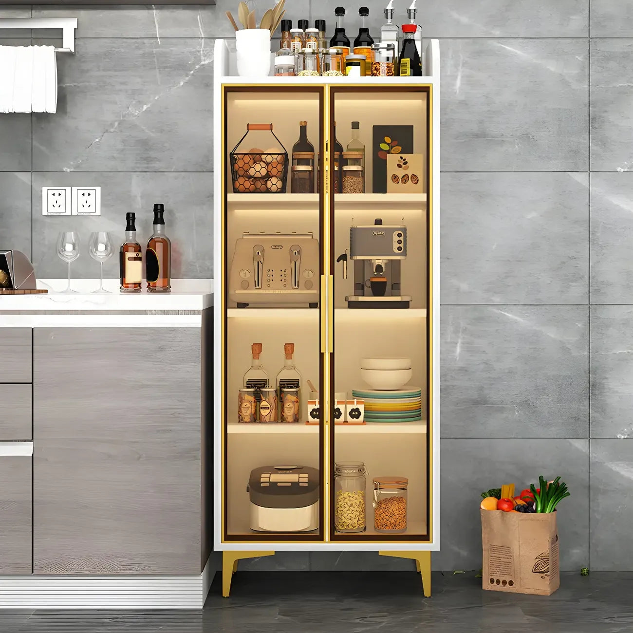 Buffet glamour en bois blanc/gris avec portes vitrées