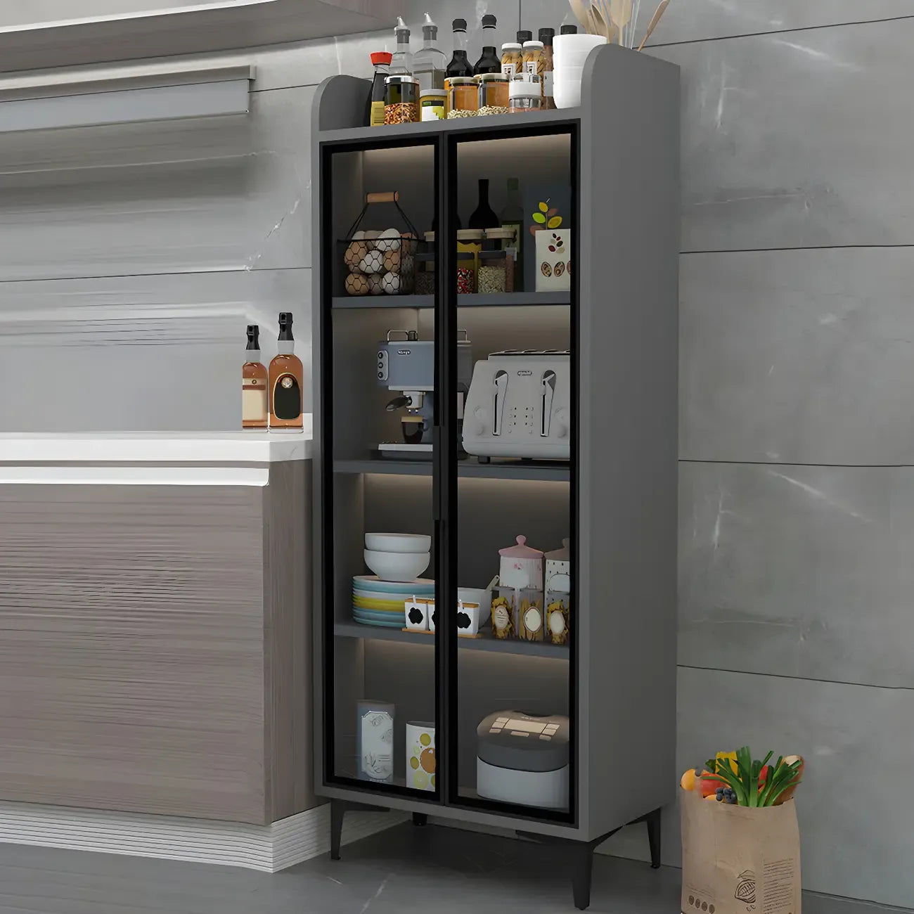 Buffet glamour en bois blanc/gris avec portes vitrées