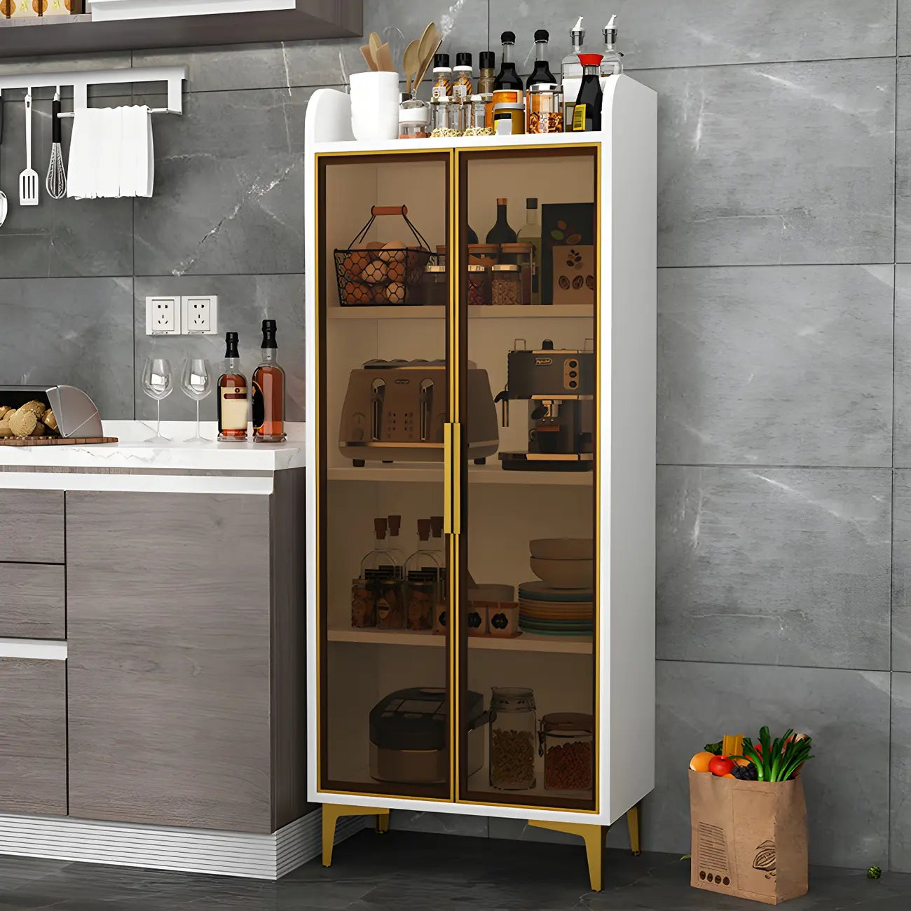 Buffet glamour en bois blanc/gris avec portes vitrées