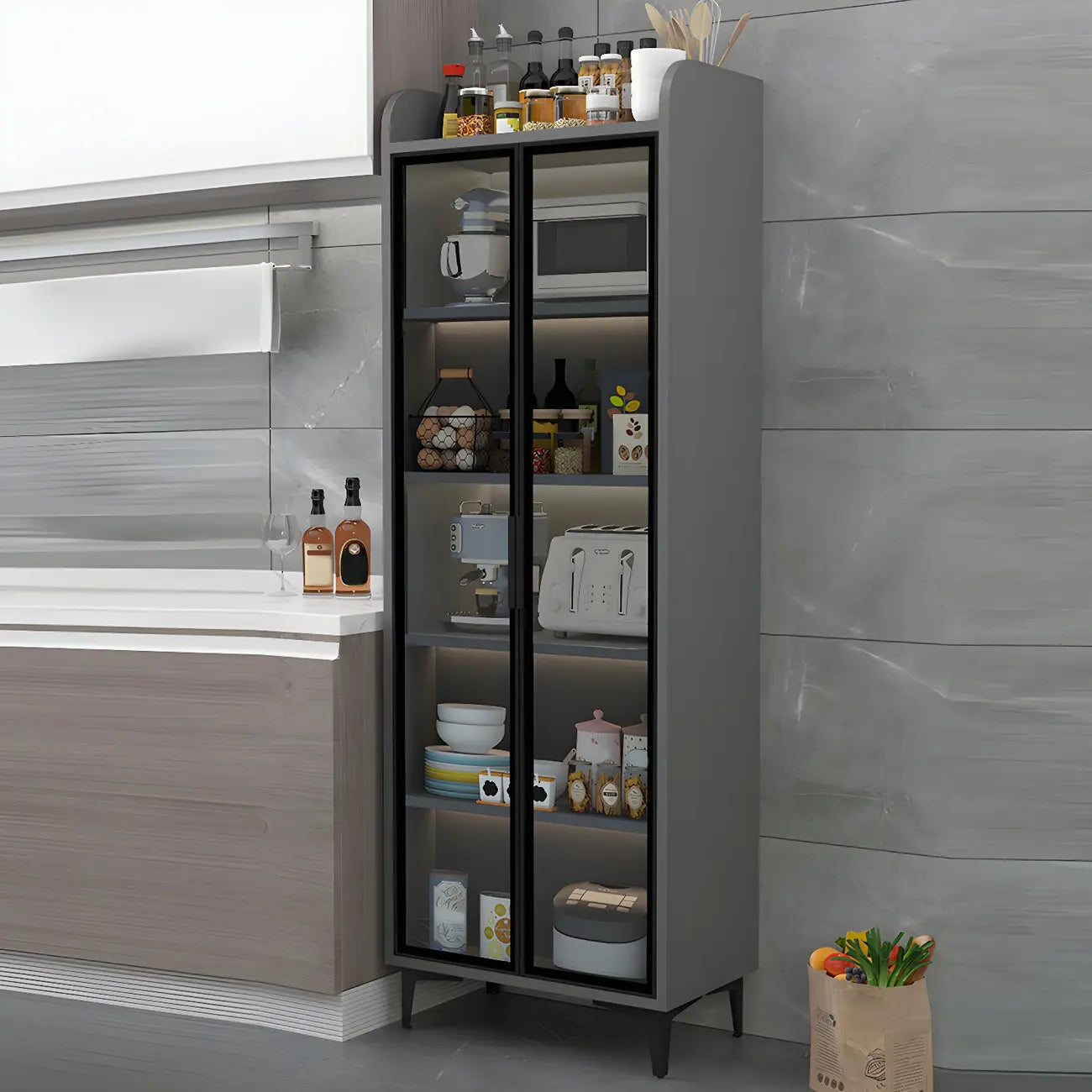 Buffet glamour en bois blanc/gris avec portes vitrées