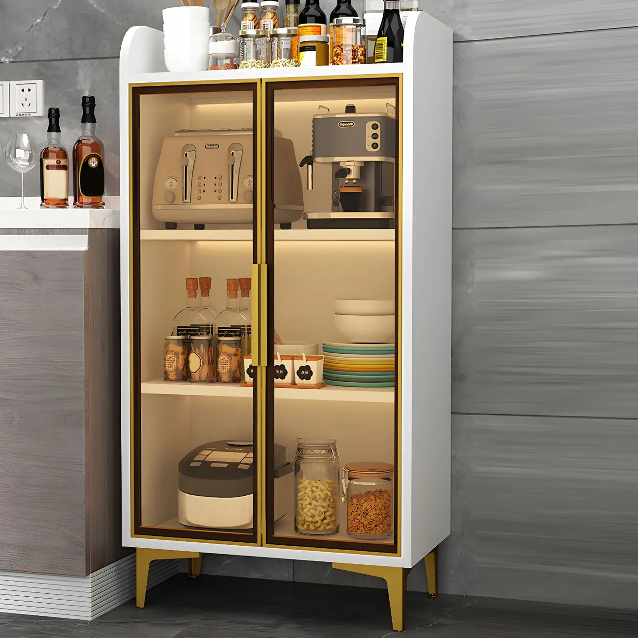 Buffet glamour en bois blanc/gris avec portes vitrées