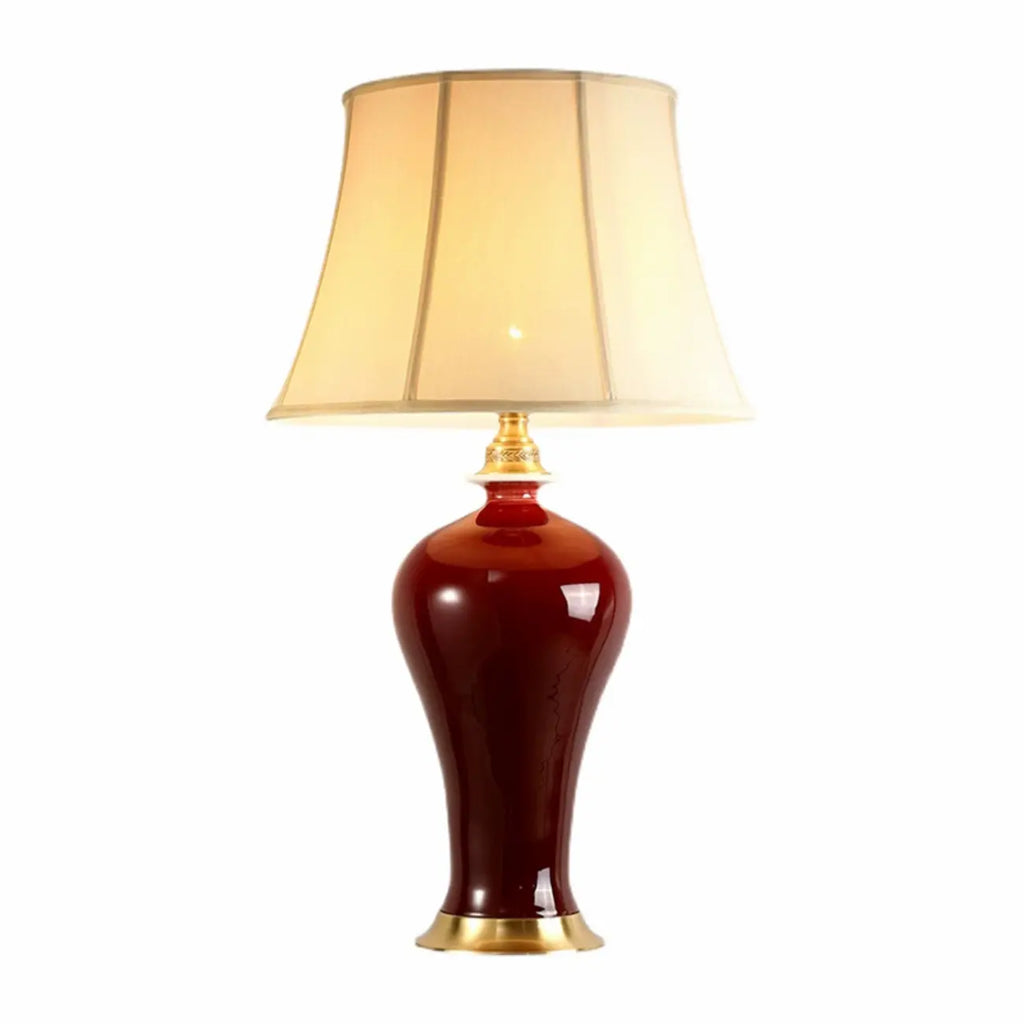 Lampe de table géométrique en céramique rouge avec interrupteur à bouton et abat-jour en tissu