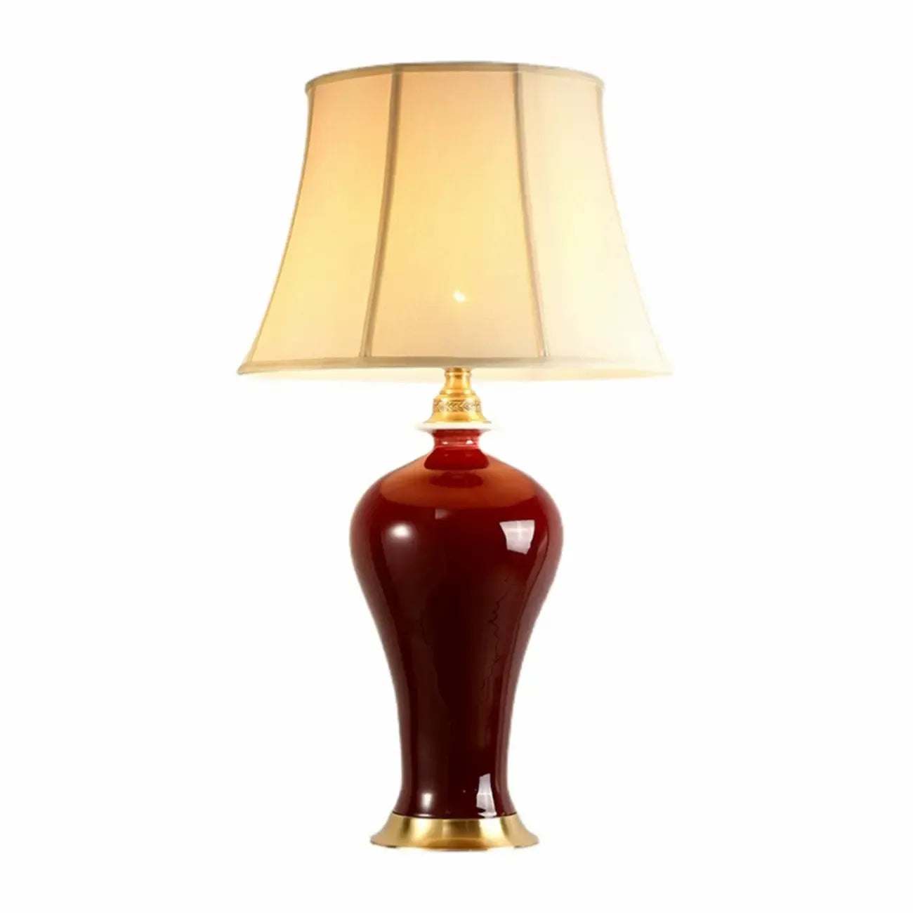 Lampe de table géométrique en céramique rouge avec interrupteur à bouton et abat-jour en tissu