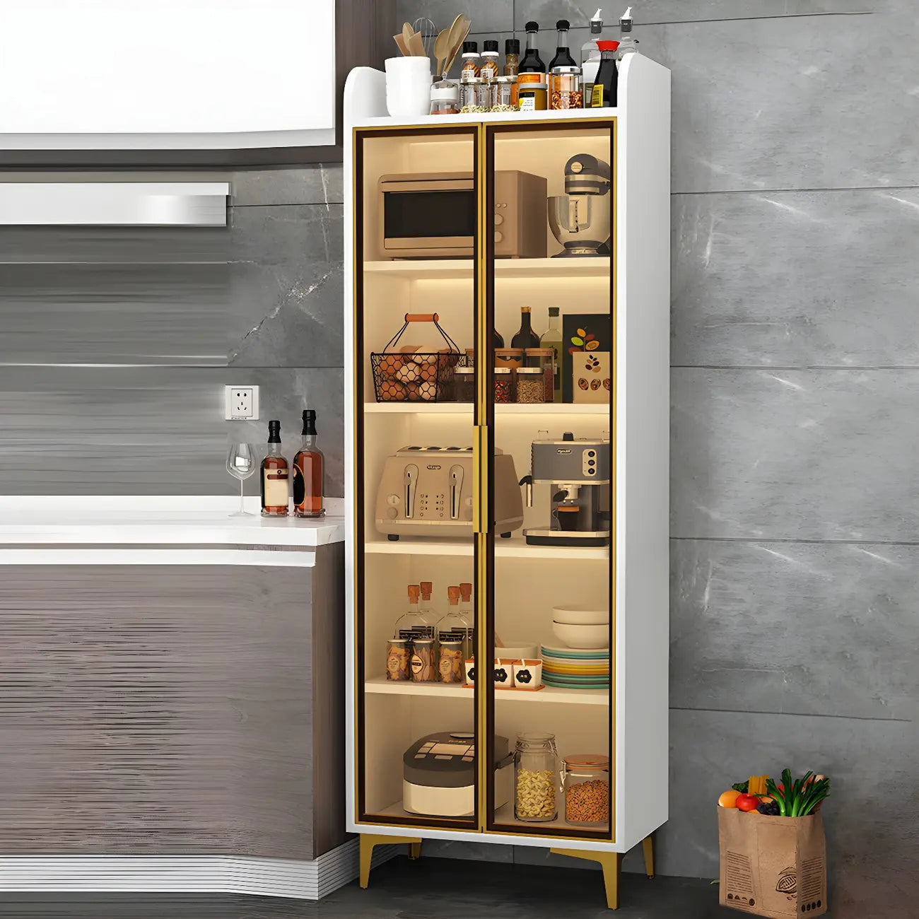 Buffet glamour en bois blanc/gris avec portes vitrées