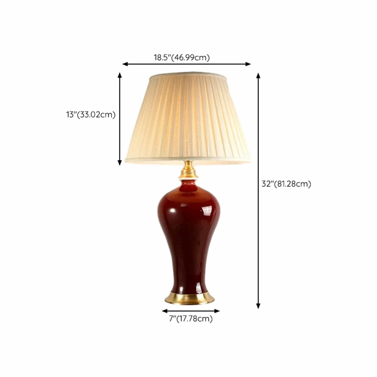 Lampe de table géométrique en céramique rouge avec interrupteur à bouton et abat-jour en tissu