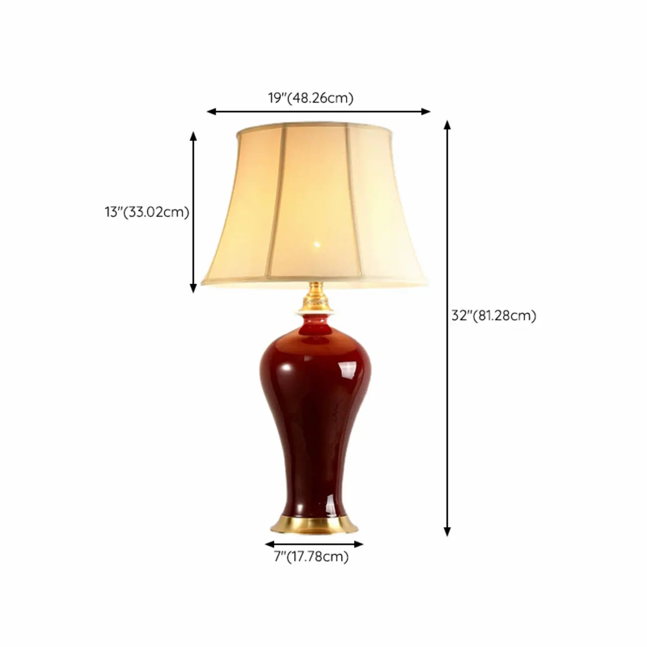 Lampe de table géométrique en céramique rouge avec interrupteur à bouton et abat-jour en tissu