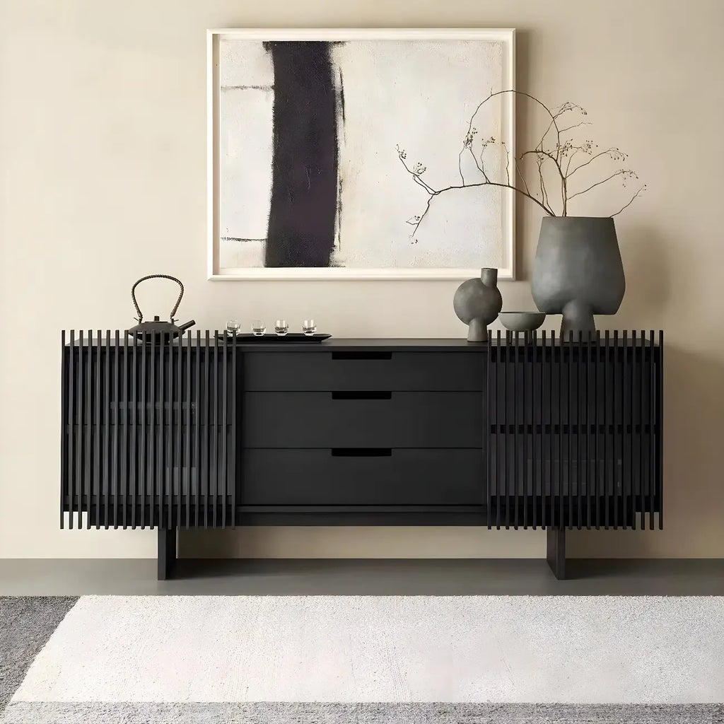 Buffet en bois noir avec portes coulissantes et tiroirs