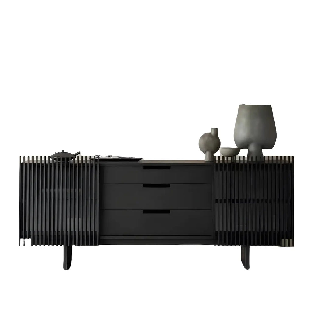 Buffet en bois noir avec portes coulissantes et tiroirs