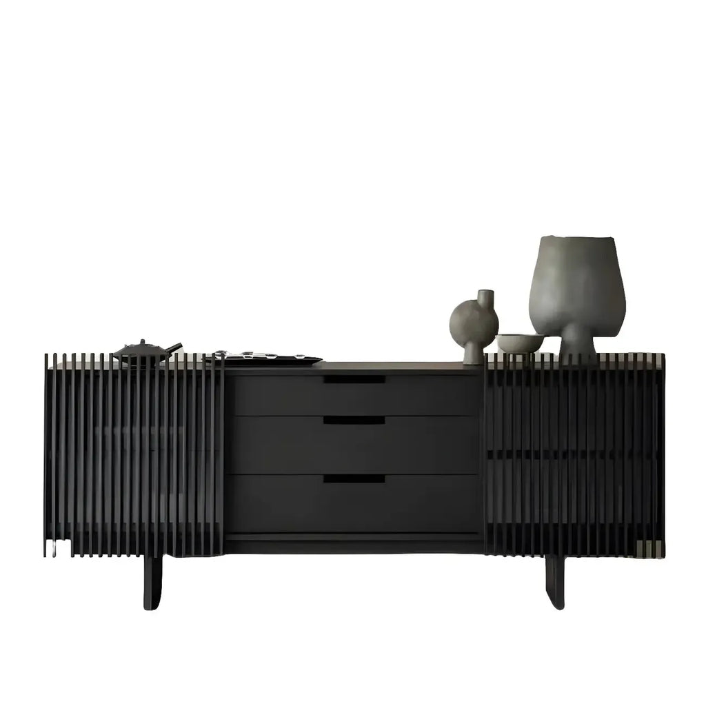 Buffet en bois noir avec portes coulissantes et tiroirs