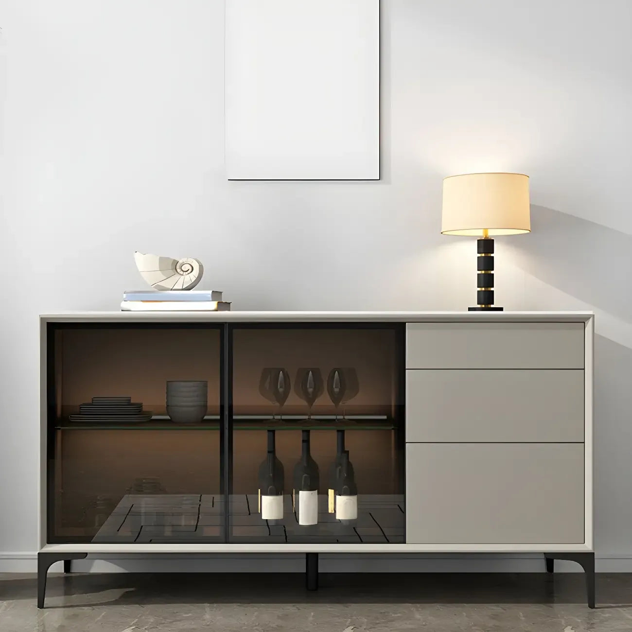 Buffet gris moderne avec portes et tiroirs en verre