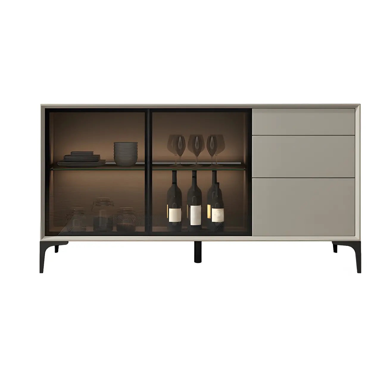 Buffet gris moderne avec portes et tiroirs en verre