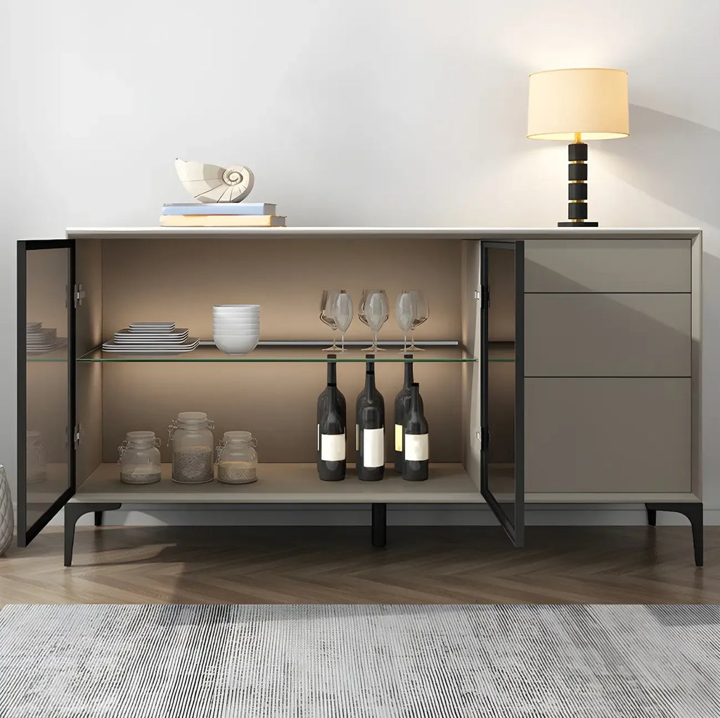 Buffet gris moderne avec portes et tiroirs en verre