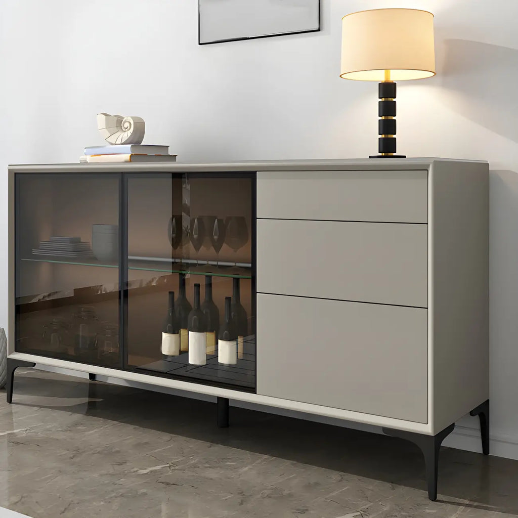 Buffet gris moderne avec portes et tiroirs en verre