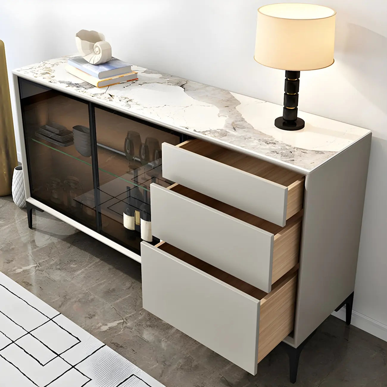 Buffet gris moderne avec portes et tiroirs en verre