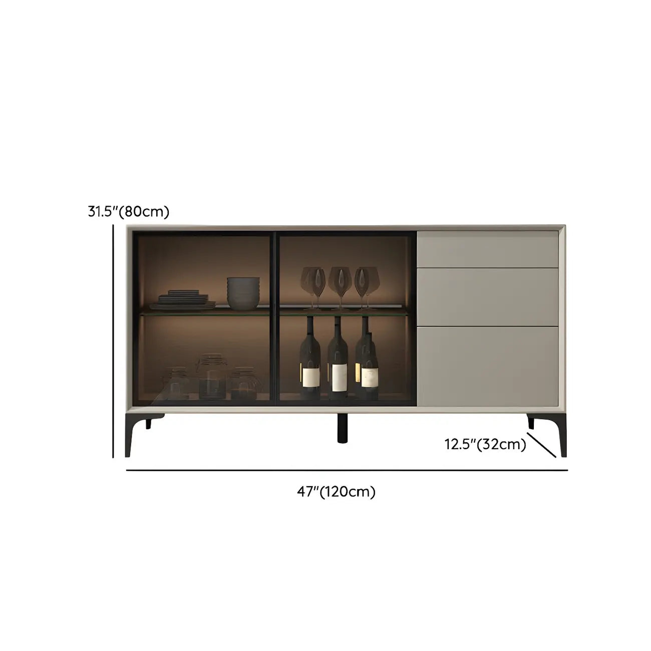 Buffet gris moderne avec portes et tiroirs en verre