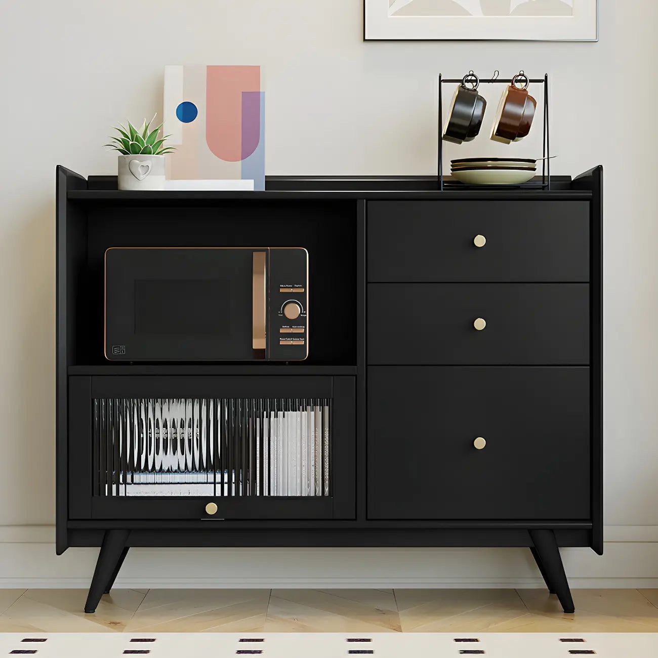 Buffet moderne noir expresso avec placards et tiroirs