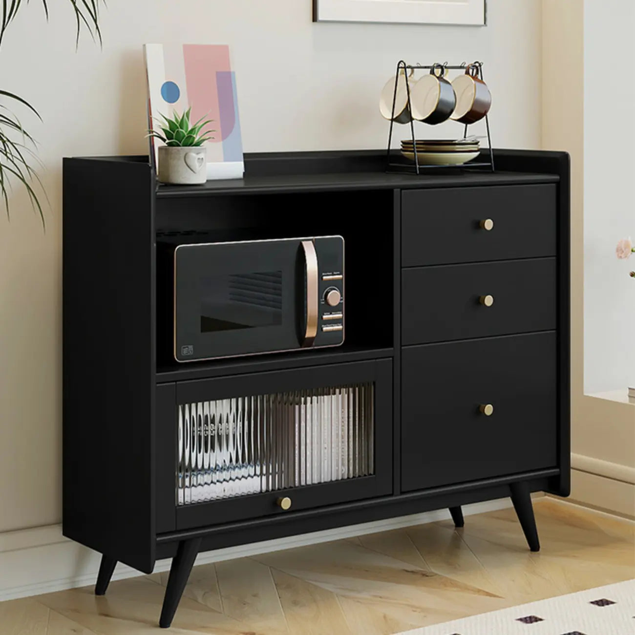 Buffet moderne noir expresso avec placards et tiroirs
