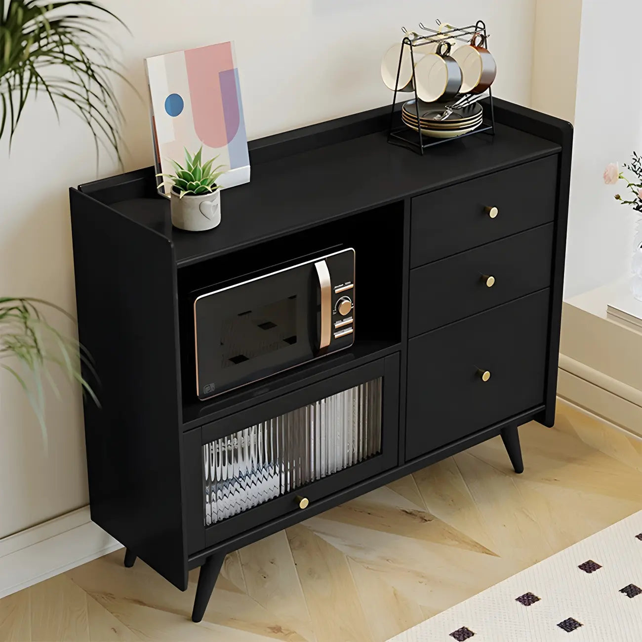 Buffet moderne noir expresso avec placards et tiroirs