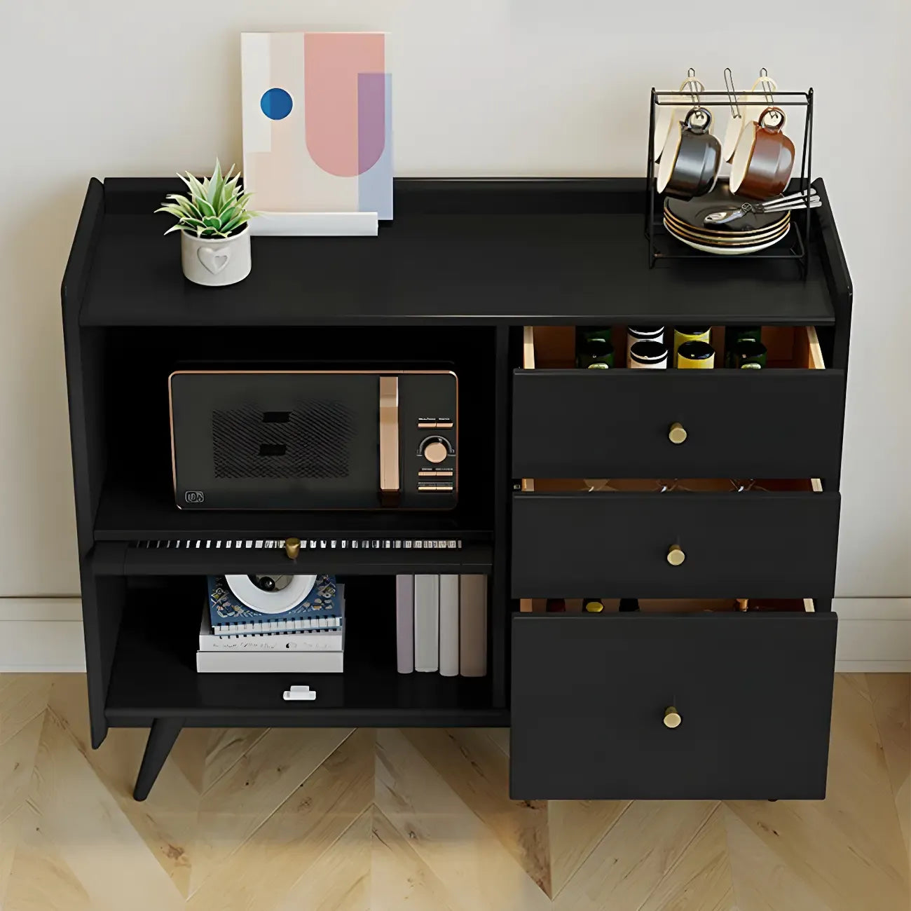 Buffet moderne noir expresso avec placards et tiroirs