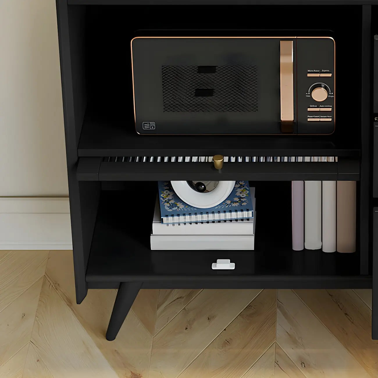 Buffet moderne noir expresso avec placards et tiroirs
