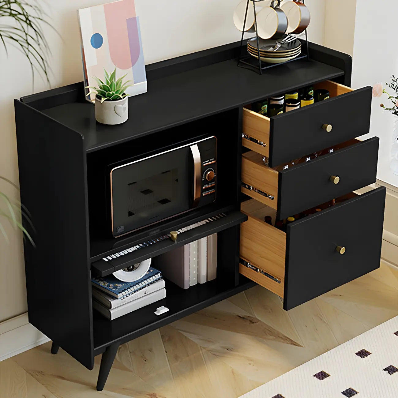 Buffet moderne noir expresso avec placards et tiroirs