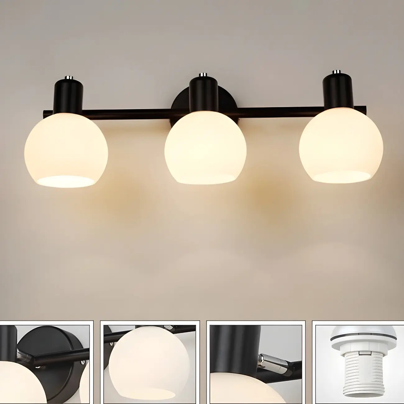 Applique murale moderne à 3 têtes noires avec abat-jour en verre blanc
