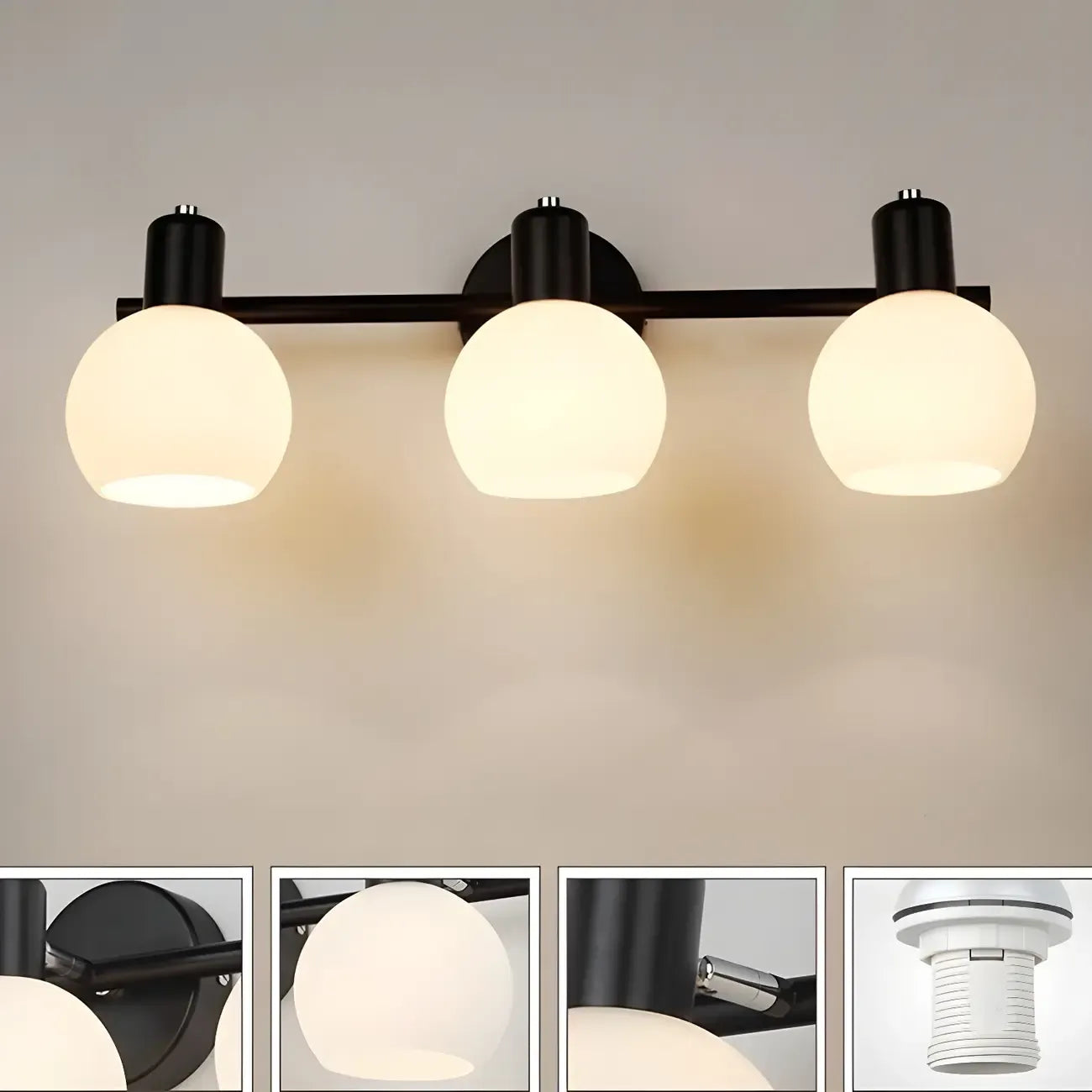 Applique murale moderne à 3 têtes noires avec abat-jour en verre blanc