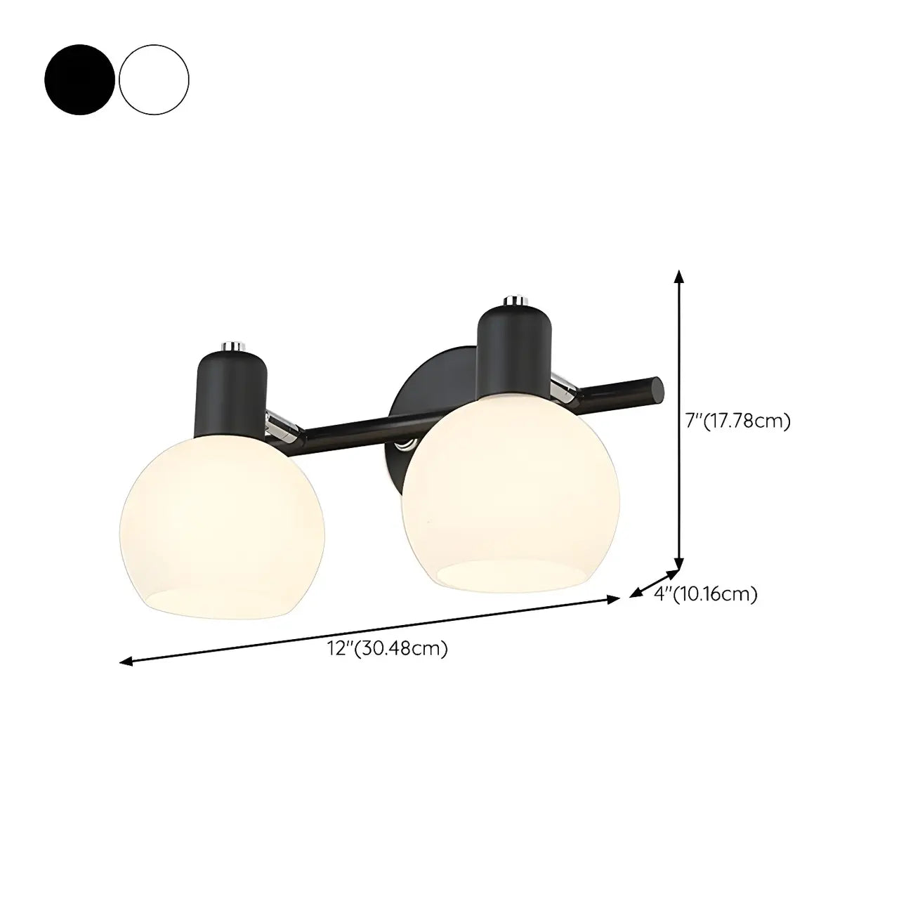 Applique murale moderne à 3 têtes noires avec abat-jour en verre blanc