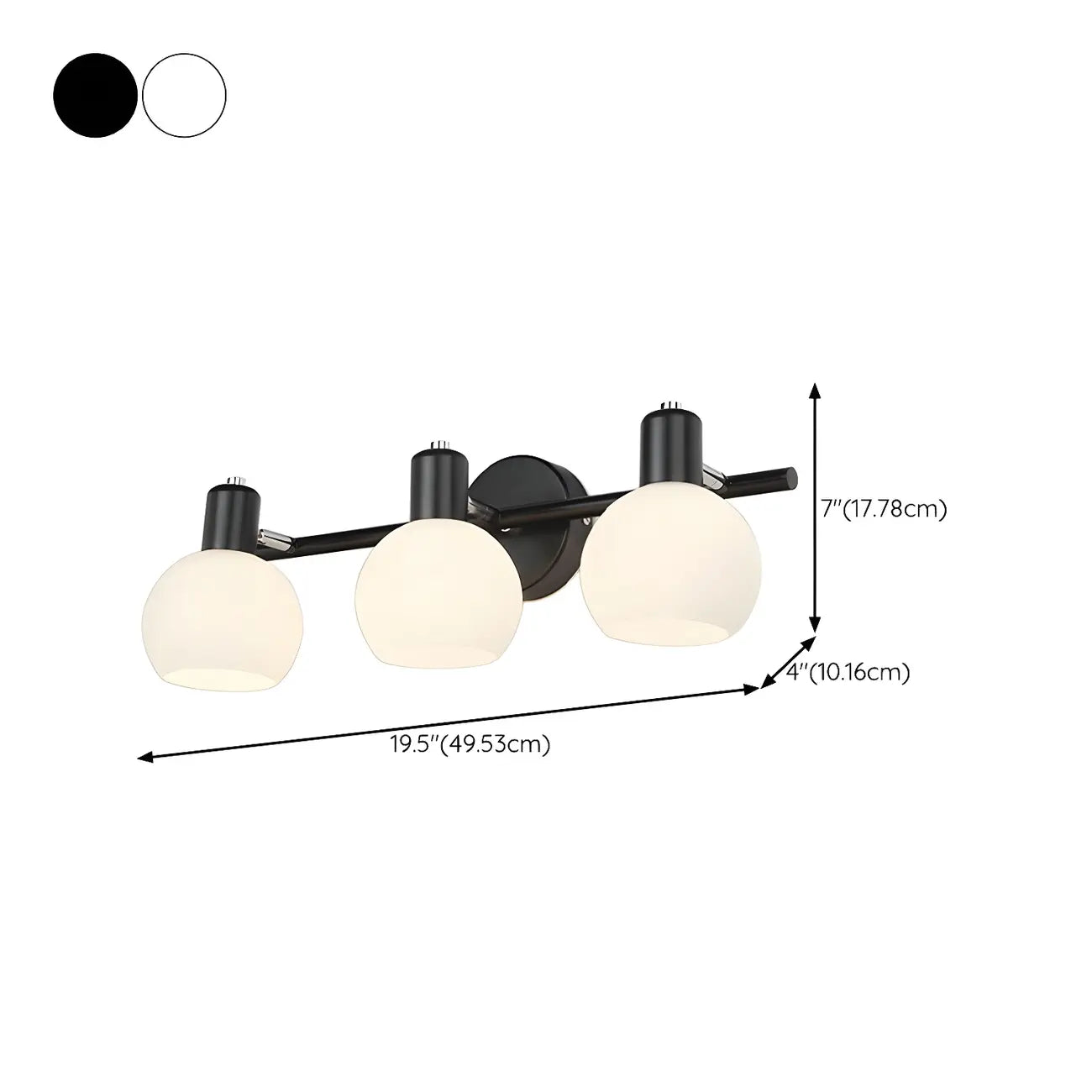 Applique murale moderne à 3 têtes noires avec abat-jour en verre blanc