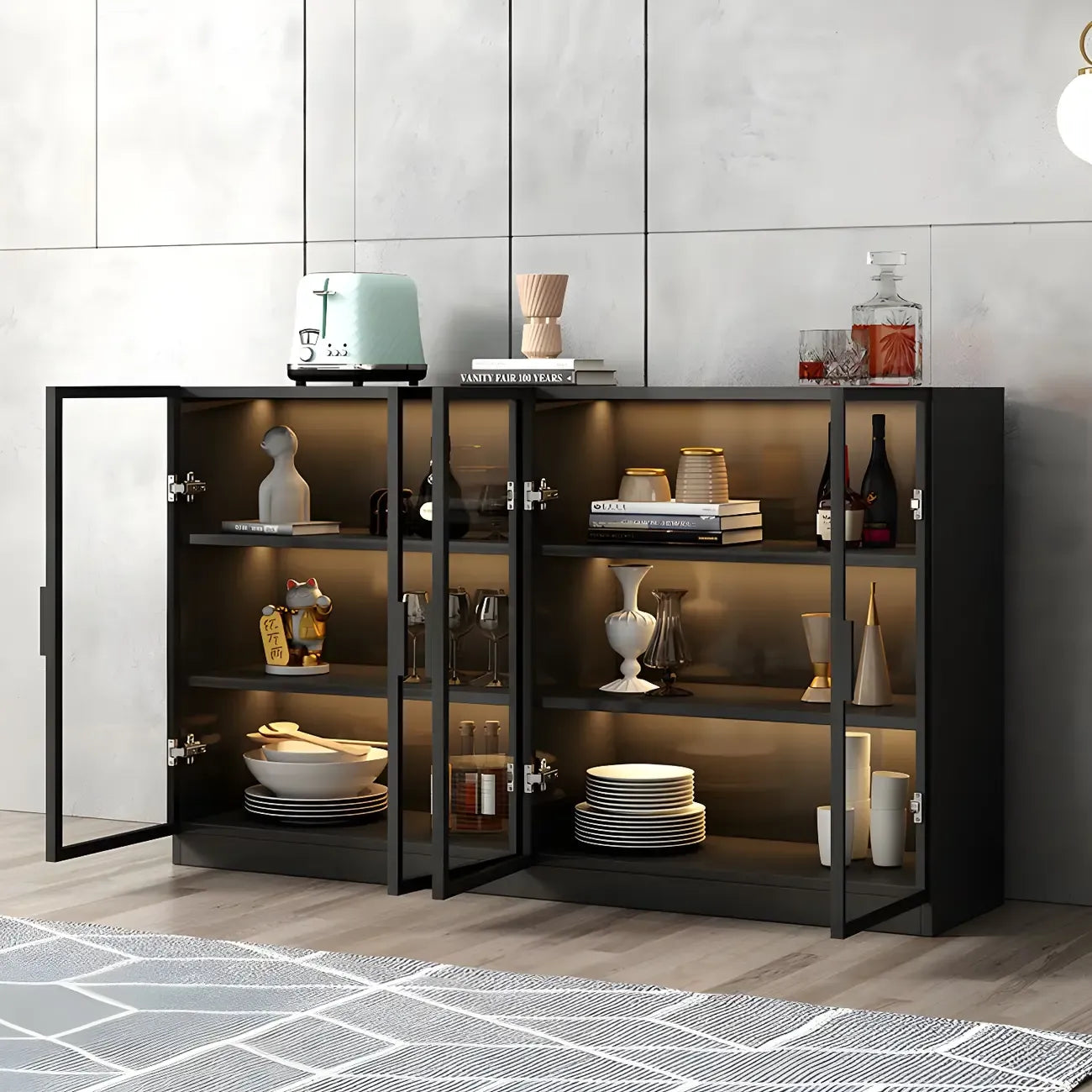 Buffet moderne en bois noir avec portes vitrées