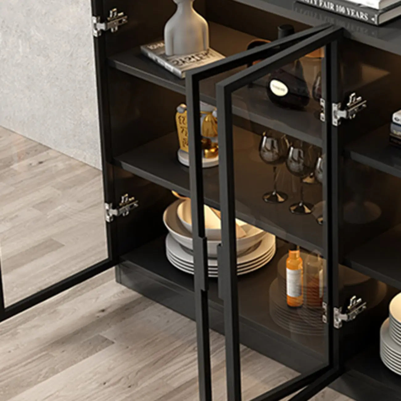 Buffet moderne en bois noir avec portes vitrées